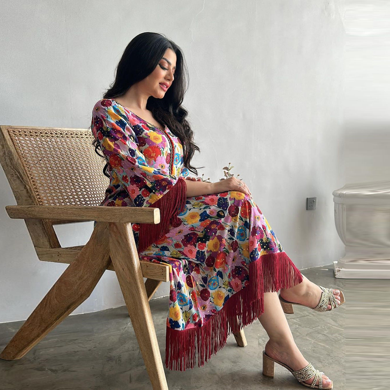 Elegant Bronze Printed Abaya – Modest & Glamorous Evening Wear