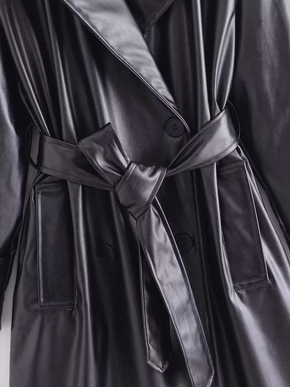 Slim Belted Faux-Leather Trench Coat – Elegant Modest Layer