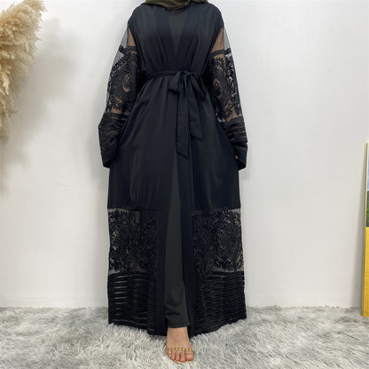 Embroidered Mesh Cardigan Robe Dress – Elegant Modest Layer