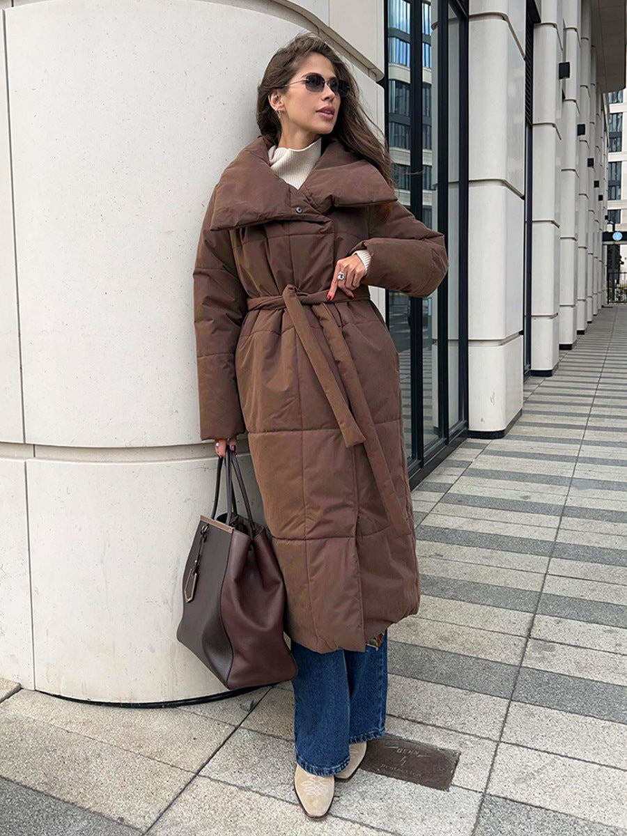 Large Lapel Lace-Up Long Coat – Winter Modest Outerwear
