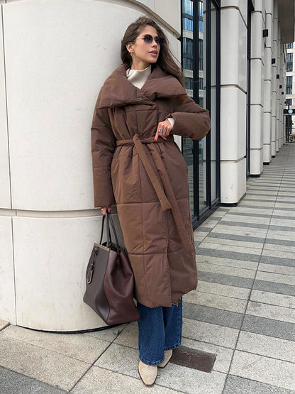 Large Lapel Lace-Up Long Coat – Winter Modest Outerwear