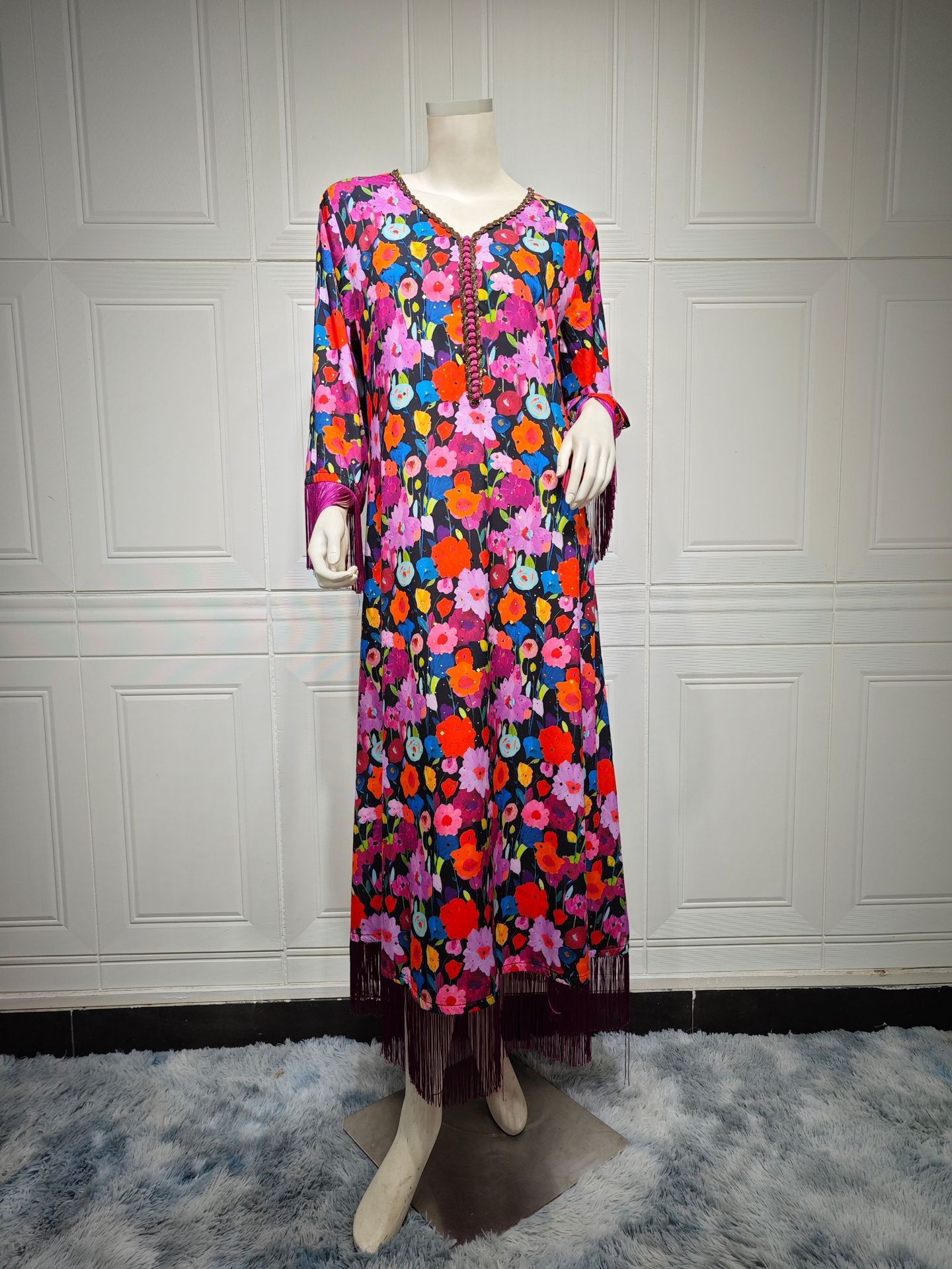 Elegant Bronze Printed Abaya – Modest & Glamorous Evening Wear