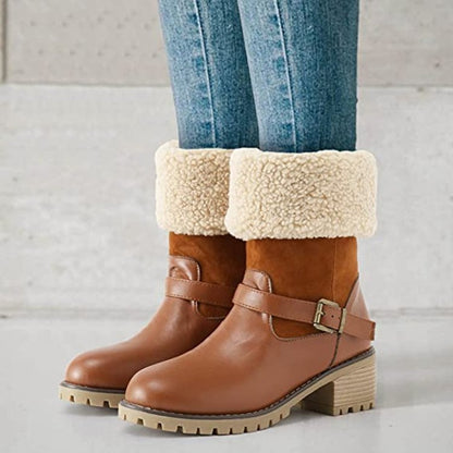 Chunky-Heel Western Buckle Boots — Warm Winter Fashion for Her