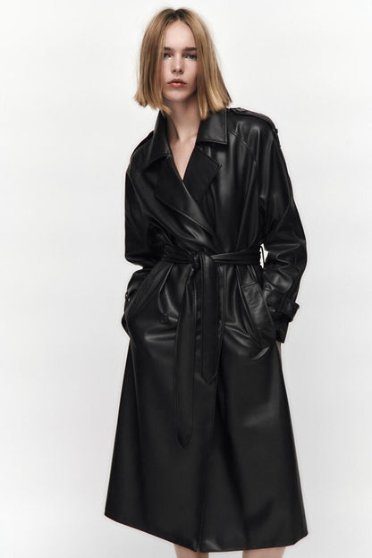 Slim Belted Faux-Leather Trench Coat – Elegant Modest Layer