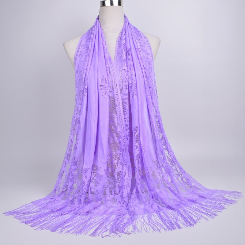 Lace-Edge Tassel Hijab Wrap – Solid Color Elegance