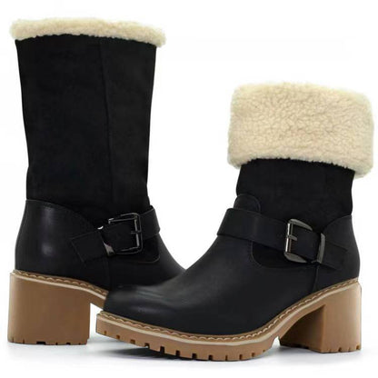 Chunky-Heel Western Buckle Boots — Warm Winter Fashion for Her