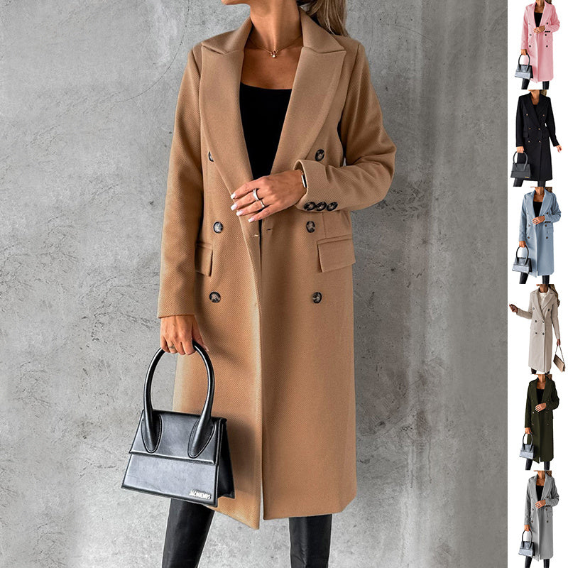 Double-Breasted Lapel Long Coat – Modest Chic Outerwear