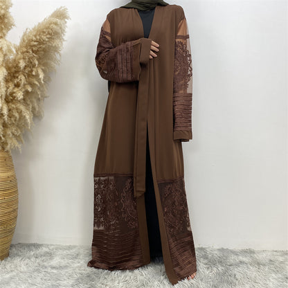 Embroidered Mesh Cardigan Robe Dress – Elegant Modest Layer