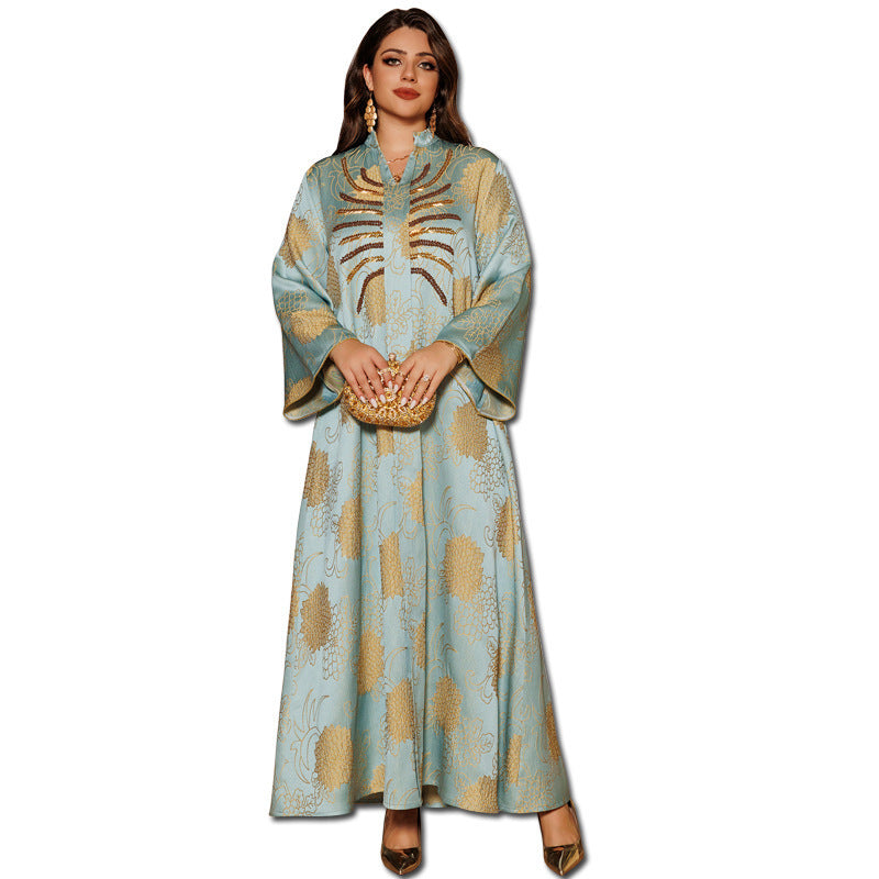 Chic Stand-Collar Printed Maxi Dress – Modest & Stylish