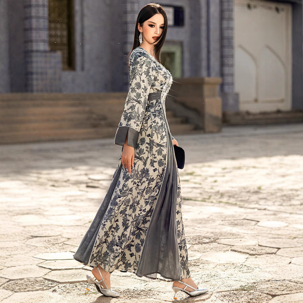 Elegant Satin V-Neck Printed Dress – Modest & Chic