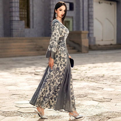 Elegant Satin V-Neck Printed Dress – Modest & Chic