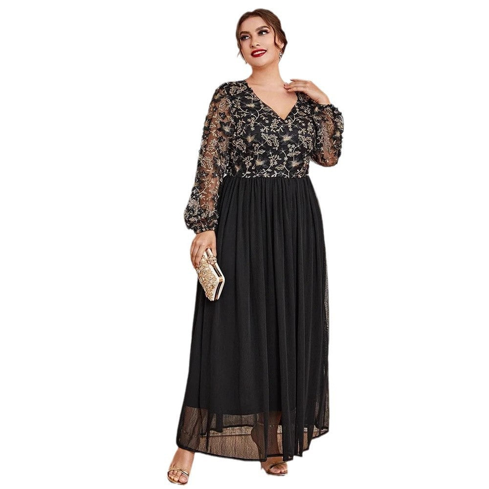 Chic Plus-Size V-Neck Dress – Black Panel Modest Style