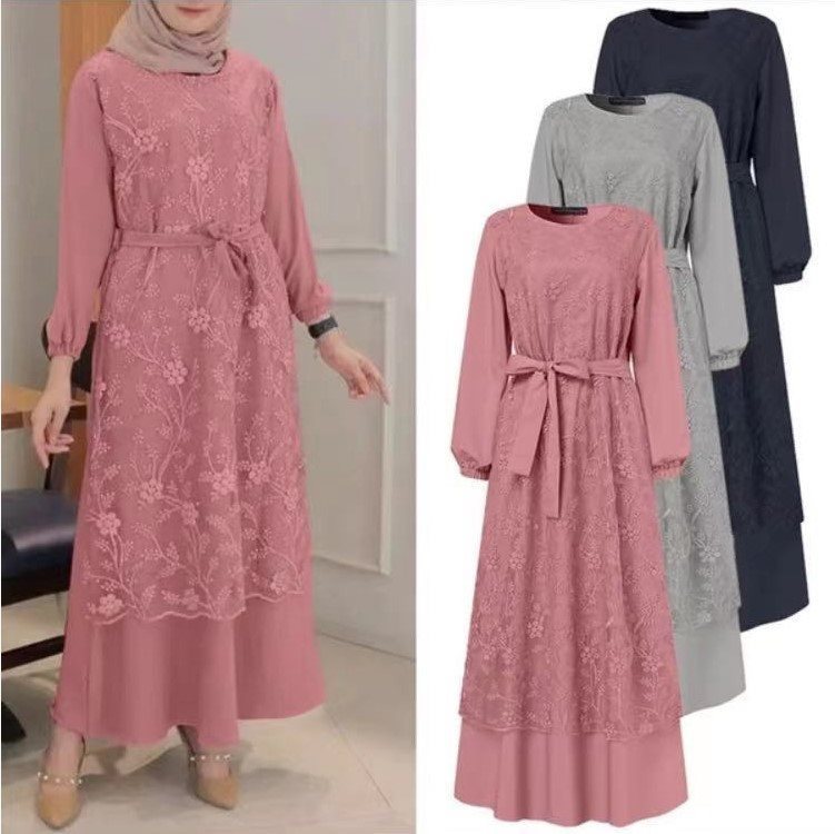 Muslim Elegant Lace Floral Dress – Modest & Feminine Grace