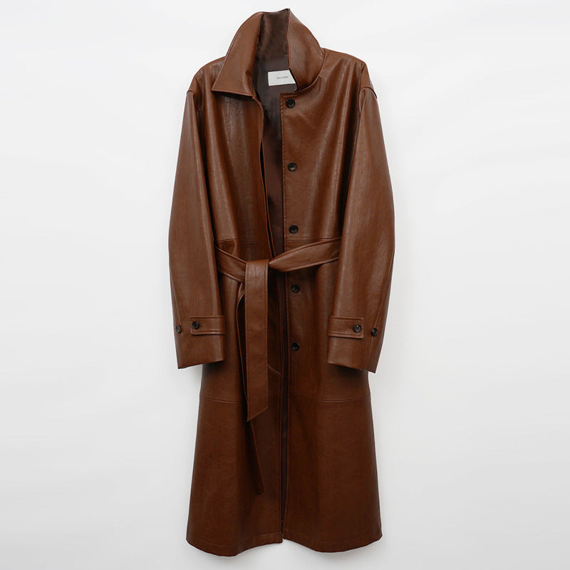 Retro Lapel Belted Leather Trench Coat – Modest Chic
