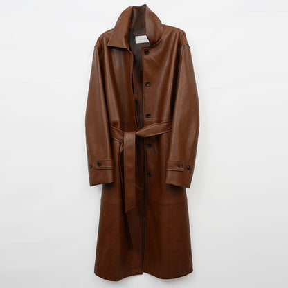 Retro Lapel Belted Leather Trench Coat – Modest Chic