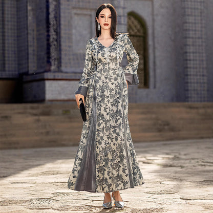 Elegant Satin V-Neck Printed Dress – Modest & Chic