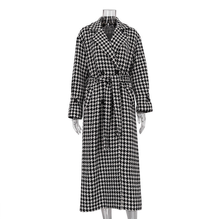 Houndstooth Long Trench Coat – Chic Modest Outerwear