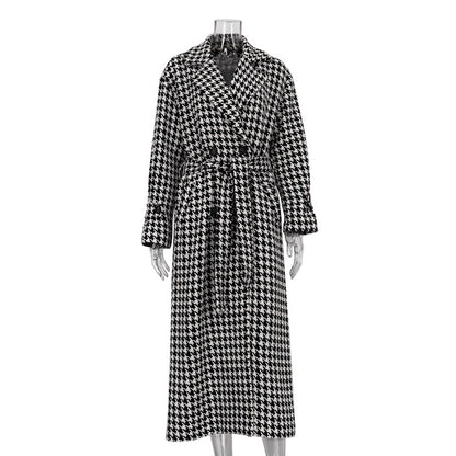Houndstooth Long Trench Coat – Chic Modest Outerwear