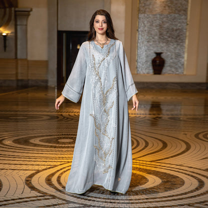 Elegant Sequined & Embroidered Abaya Robe – Modest Glamour