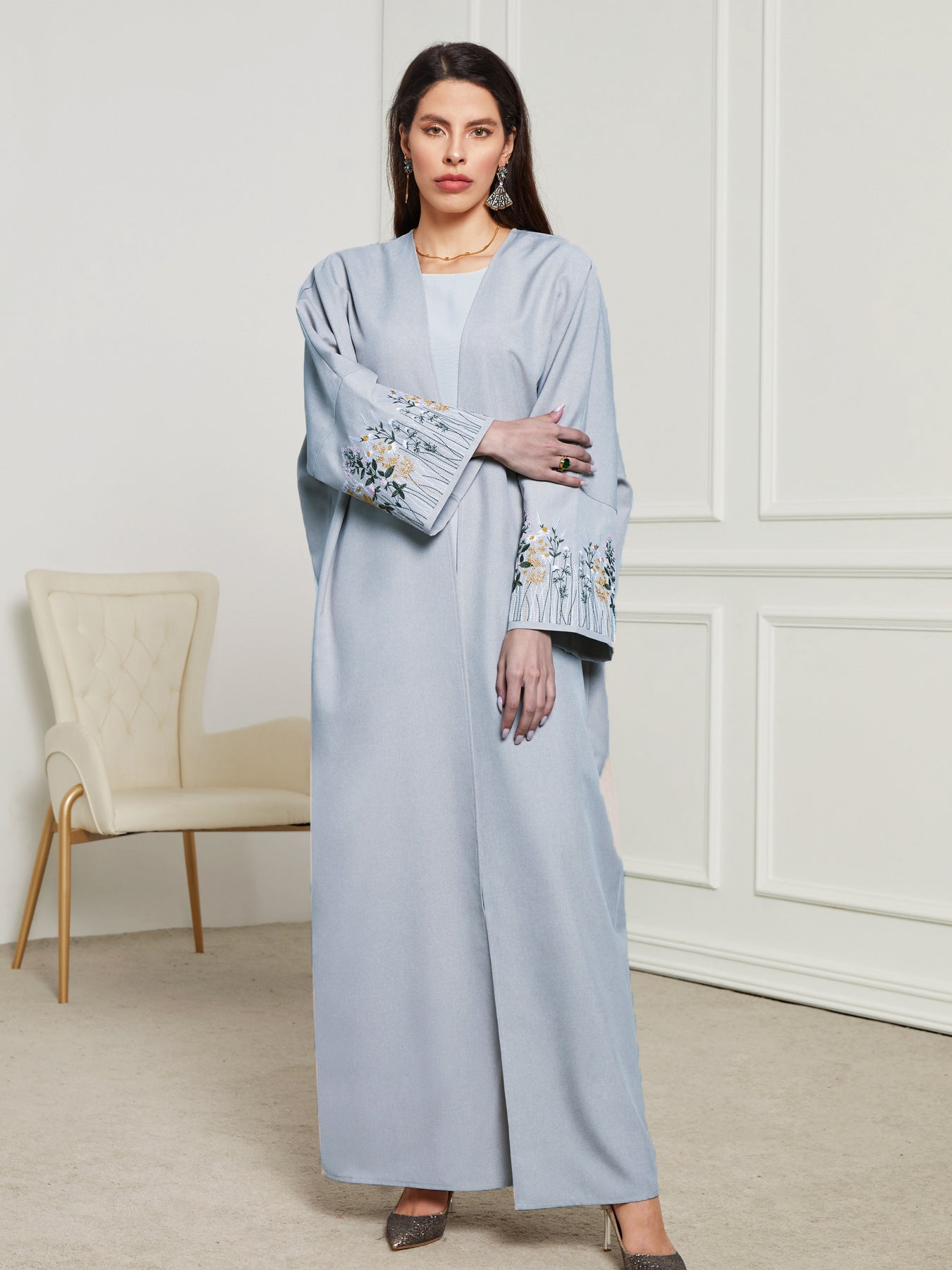 Elegant Embroidered Cardigan Robe Dress – Modest & Stylish