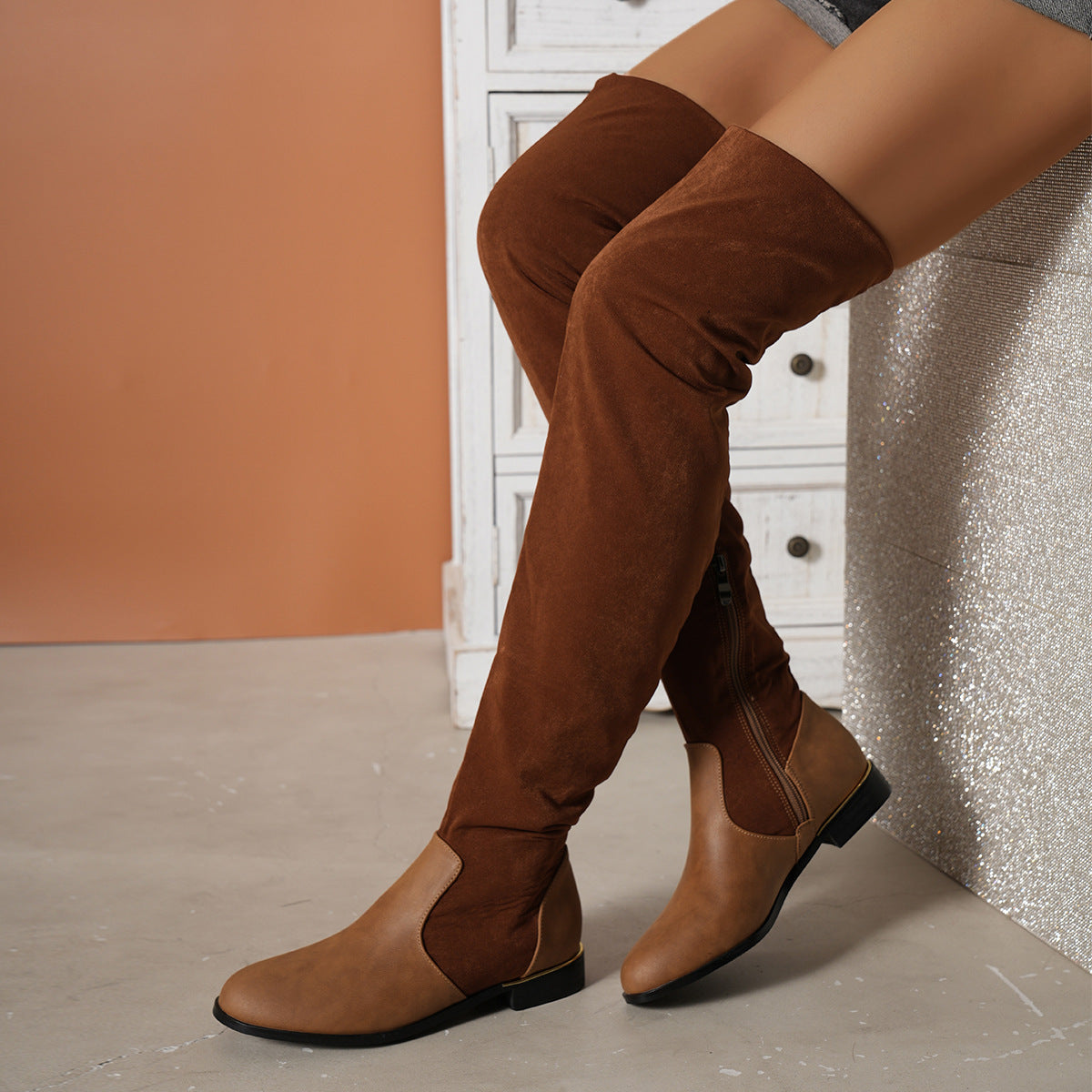 Suede Over-the-Knee Low-Heel Side-Zipper Boots for Women