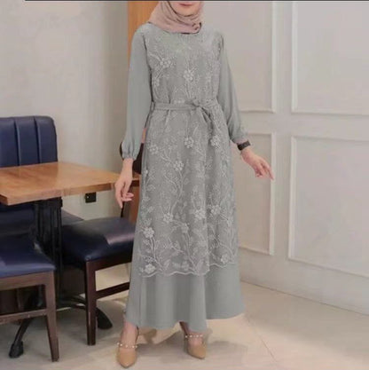 Muslim Elegant Lace Floral Dress – Modest & Feminine Grace