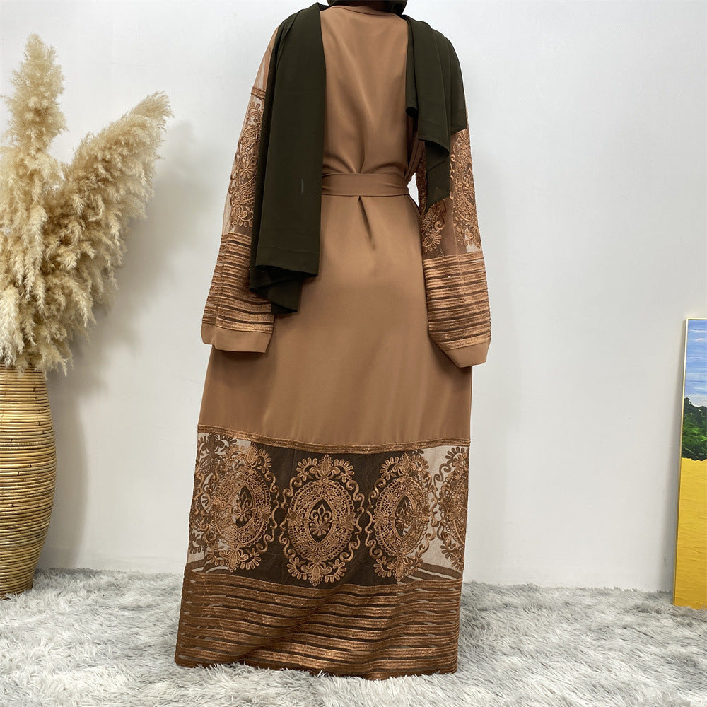 Embroidered Mesh Cardigan Robe Dress – Elegant Modest Layer