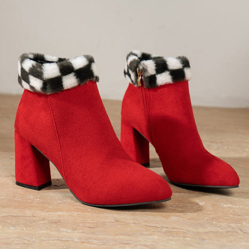 Plaid Print Plush Ankle Boots — Warm & Stylish for Winter