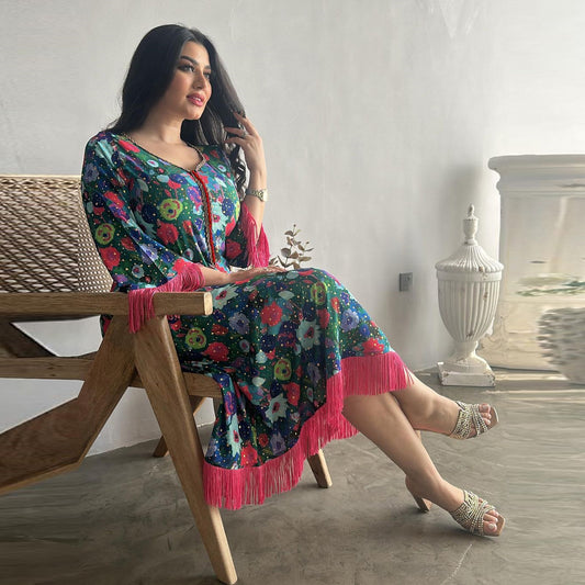 Elegant Bronze Printed Abaya – Modest & Glamorous Evening Wear